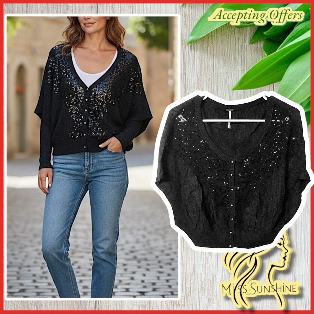 Free People -Sz S - lace gem front short sleeve poncho style wide arm hole shirt